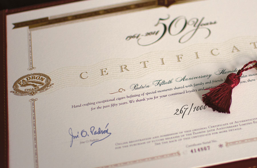 Padrón 50th Anniversary Humidor numbered certificate